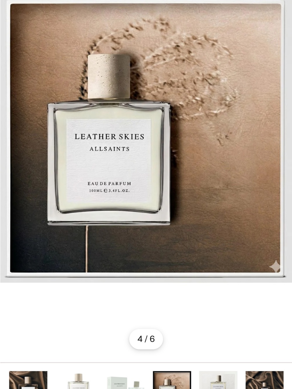 AllSaints Leather Skies eau de Parfum 3.4 oz Clear Bottle with Cream Cap - Picture 2 of 5